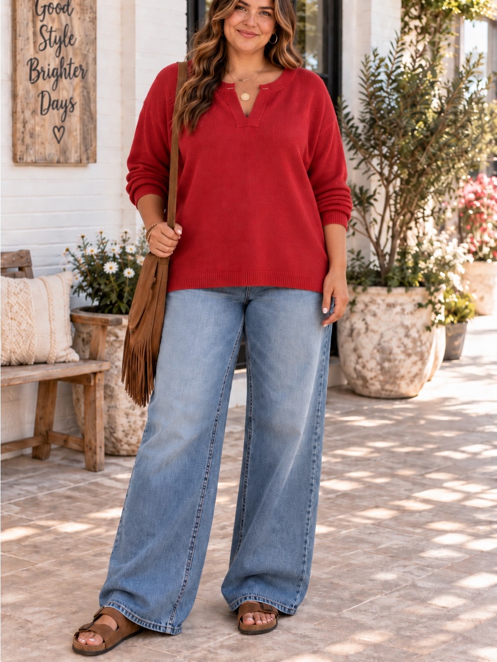 Rafaella Red Split-V Knit Sweater